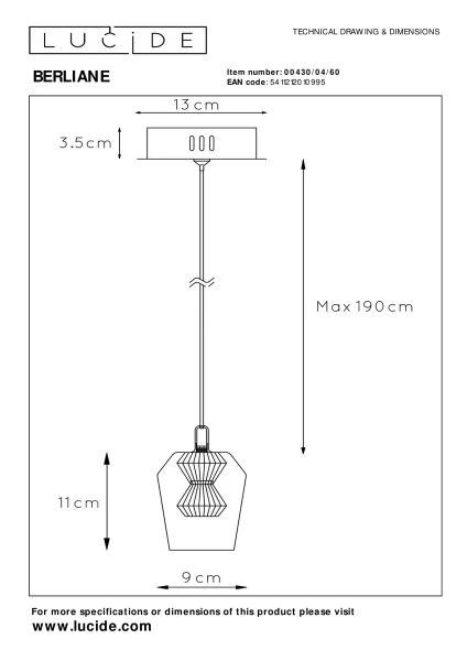 Lucide BERLIANE - Lámpara colgante - Ø 12 cm - LED Regul. - 1x4W 2700K - Con módulo LED reemplazable - Transparente - técnico
